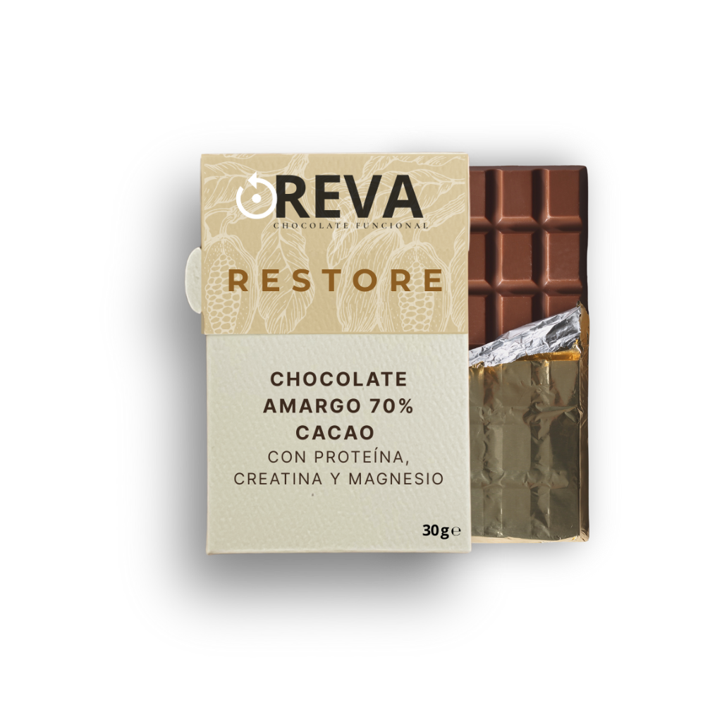 REVA - Chocolate para recuperación muscular con proteína, creatina y magnesio (30g)